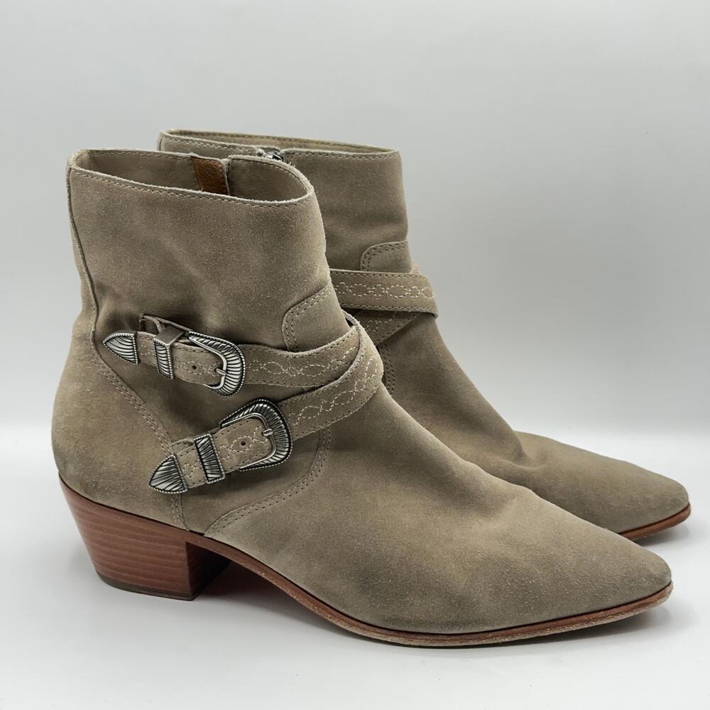 FRYE x ANTHROPOLOGIE Ellen Western Buckle Short Bootie Suede Ash Tan - Picture 4 of 9